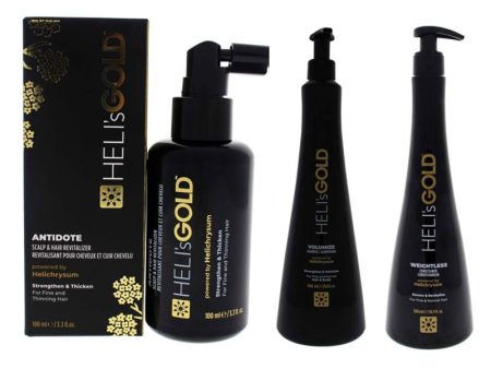 Volume Series Kit by Helis Gold for Unisex - 3 Pc Kit 3.3oz Antidote Scalp and Hair Revitalizer Treatment, 33.8oz Volumize Shampoo, 16.9oz Weightless Conditioner Hot on Sale