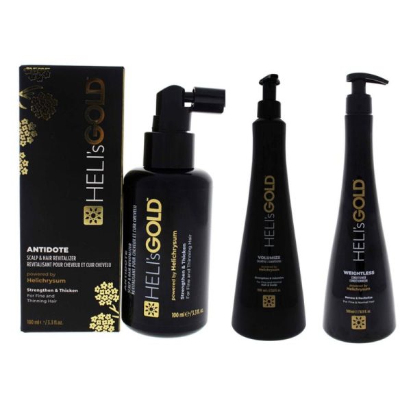 Volume Series Kit by Helis Gold for Unisex - 3 Pc Kit 3.3oz Antidote Scalp and Hair Revitalizer Treatment, 33.8oz Volumize Shampoo, 16.9oz Weightless Conditioner Hot on Sale