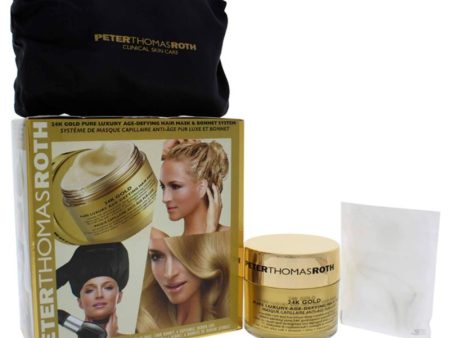 24K Gold Pure Luxury Age-Defying Hair Mask Bonnet System by Peter Thomas Roth for Unisex - 1 Pc Kit 4.9oz 24K Gold Pure Luxury Age-Defying Hair Mask, Signature PTR Bonnet, 6 Pc Shower Caps on Sale