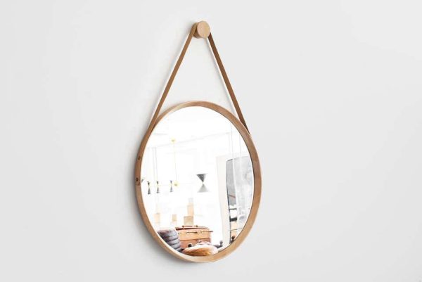 Beverly Oak & Leather Round Mirror Hot on Sale