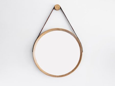 Beverly Oak and Leather Round Mirror - Cerused For Cheap